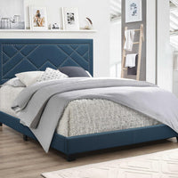 Transitional Fabric Upholstered Queen Bed with Block Legs and Nail Head Trims, Teel Blue