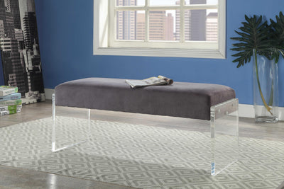 Modern Acrylic Bench with Fabric Upholstered Cushioned Seat, Gray and Clear