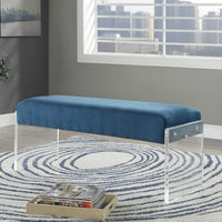 Modern Acrylic Bench with Fabric Upholstered Cushioned Seat, Blue and Clear