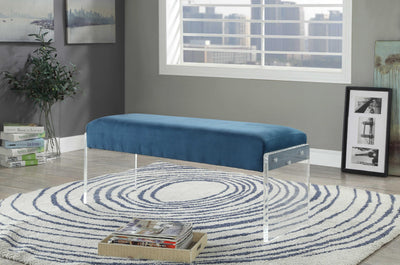 Modern Acrylic Bench with Fabric Upholstered Cushioned Seat, Blue and Clear
