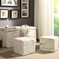 Patterned Fabric Upholstered Wooden Bench and Ottomans in Wood, Pack of Three,  Cream and Black