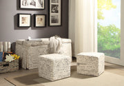 Patterned Fabric Upholstered Wooden Bench and Ottomans in Wood, Pack of Three,  Cream and Black