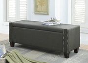 Linen Upholstered Wooden Bench with Storage and Nail Head Trims, Gray and Brown