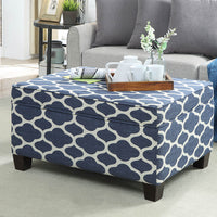 Fabric Upholstered Wooden Bench with Storage, Blue and White