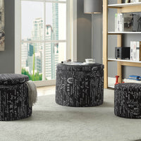 Patterned Fabric Upholstered Wooden Bench and Ottomans in Wood, Pack of Three, Black and White