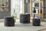 Patterned Fabric Upholstered Wooden Bench and Ottomans in Wood, Pack of Three, Black and White