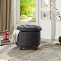 Linen Upholstered Ottoman with Wooden Legs, Dark Blue and Brown