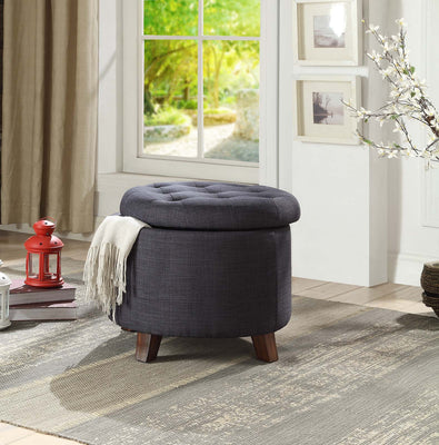 Linen Upholstered Ottoman with Wooden Legs, Dark Blue and Brown