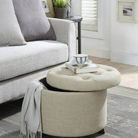 Linen Upholstered Wooden Ottoman with Button Tufted Lift Lid Seat, Beige and Brown