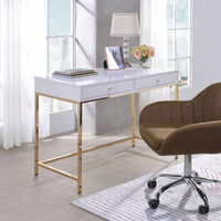 Two Drawers Wooden Desk with Tubular Metal Base, White and Gold