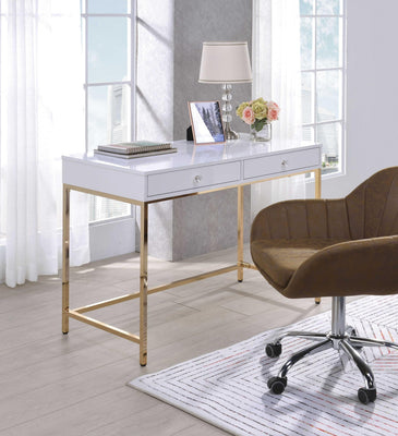 Two Drawers Wooden Desk with Tubular Metal Base, White and Gold
