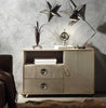 Spacious Wooden Cabinet with Aluminium Patchwork and Castors, Gold