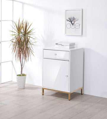 Metal Base Wooden Cabinet with Drawer and Door Storage, White and Gold