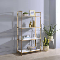 Tubular Metal Framed Bookshelf with Wood Inserted Open Shelves, White and Gold