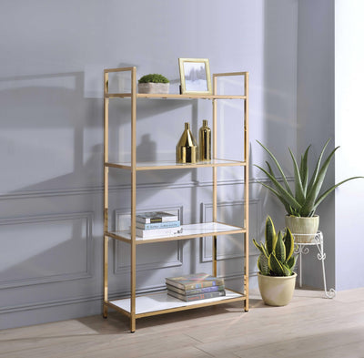 Tubular Metal Framed Bookshelf with Wood Inserted Open Shelves, White and Gold