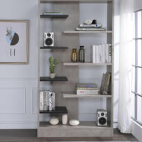 Faux Concrete Wooden Bookcase with Open Shelves, Gray and Black