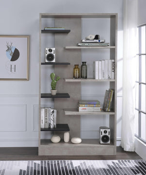 Faux Concrete Wooden Bookcase with Open Shelves, Gray and Black