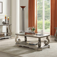 Wooden Coffee Table with Inserted Glass Top and Scrolled Legs, Silver and Clear