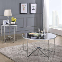 Round Shaped Metal Coffee Table with Tempered Glass Top, Black and Silver