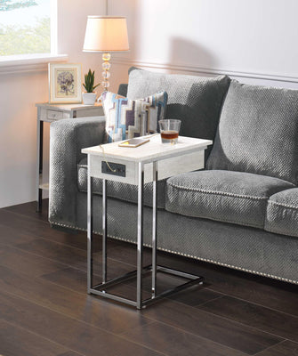 Tubular Metal Base Wooden Side Table with USB Dock and Open Shelve, White and Silver