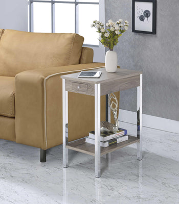 Wooden Side Table with Tubular Metal Legs and USB Dock, Brown and Silver