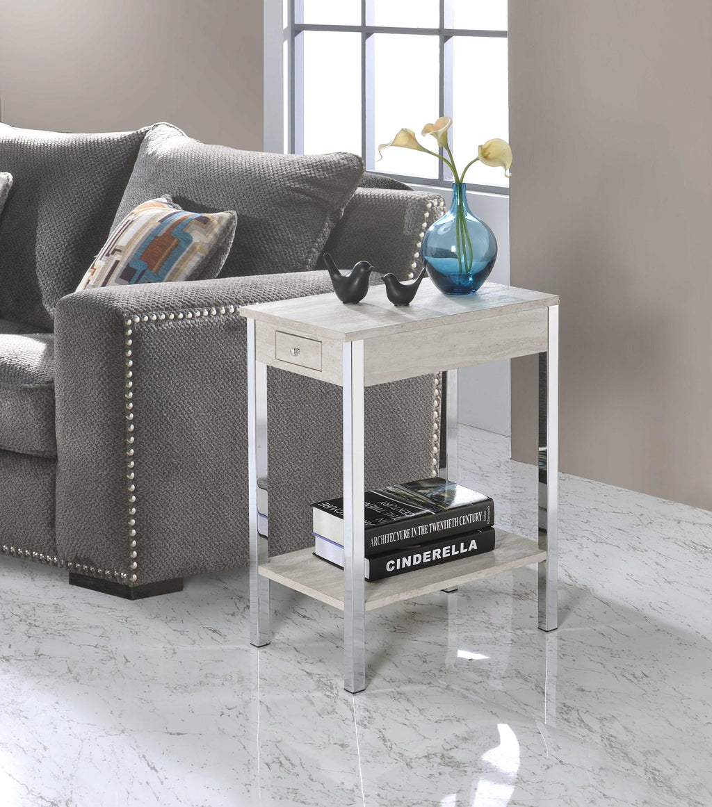 Metal and Wood Constructed Side Table with Drawer and USB Dock, Cream and Silver