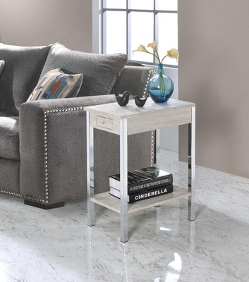 Metal and Wood Constructed Side Table with Drawer and USB Dock, Cream and Silver