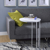 Round Metal Framed Side Table with Wooden Top and USB Dock, White and Silver