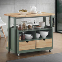 Dual Tone Wooden Kitchen Cart with Three Open Shelves and Three Drawers, Brown and Green
