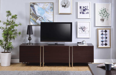 Metal Framed Wooden TV Stand with Drop Down Door Storage and Two Drawers, Brown and Silver