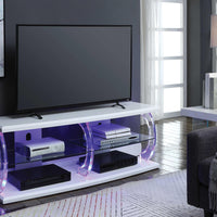 Wooden TV Stand with Acrylic Posts and Four Open Compartments, White and Clear