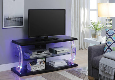 Modern Style Wooden TV Stand with Acrylic Posts and LED Lighting, Black and Clear