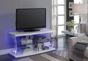 Modern Style Wooden TV Stand with Acrylic Posts and LED Lighting, White and Clear
