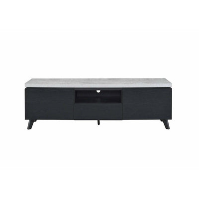 Spacious Wooden TV Stand with Faux Concrete Top and Tapered Legs, Black and White