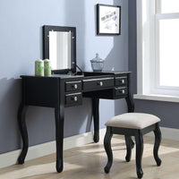 Five Drawers Wooden Vanity with Cushioned Fabric Stool Set, Pack of Two, Black and White
