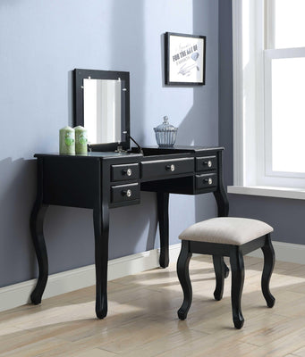 Five Drawers Wooden Vanity with Cushioned Fabric Stool Set, Pack of Two, Black and White