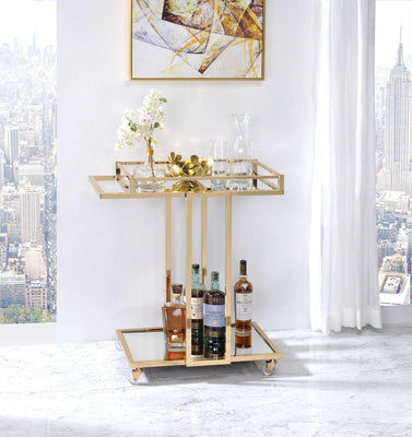 Metal Framed Serving Cart with Two Mirrored Open Shelves, Gold and Clear