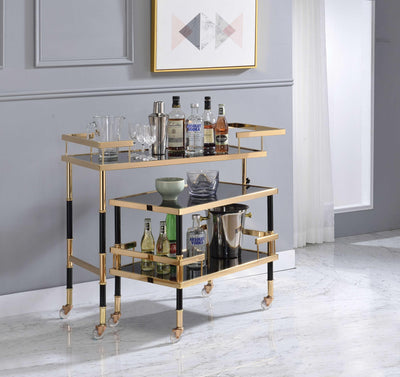 Metal Framed Serving Cart with Three Glass Shelves and Attached Hidden Table, Black and Gold