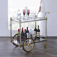 Metal Framed Serving Cart with Tempered Glass Shelves and Side Handle, Silver and Clear