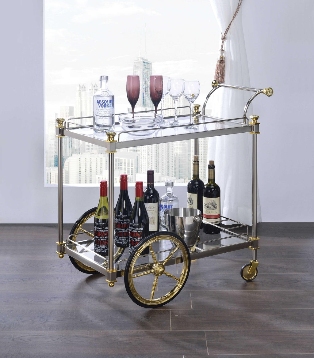 Metal Framed Serving Cart with Tempered Glass Shelves and Side Handle, Silver and Clear