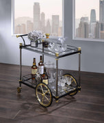 Metal Framed Serving Cart with Tempered Glass Shelves and Side Handle, Black and Clear