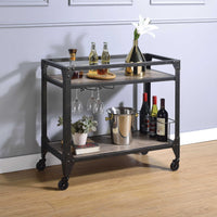 Metal Framed Serving Cart with Wooden Shelves with Wine Bottle Holder, Brown and Gray