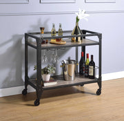 Metal Framed Serving Cart with Wooden Shelves with Wine Bottle Holder, Brown and Gray