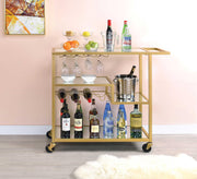 Metal Framed Serving Cart with Wine Bottle Holder and Stemware, Gold and Clear