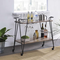 Industrial Style Metal Serving Cart with Wooden Shelves and Wine Rack, Brown and Black