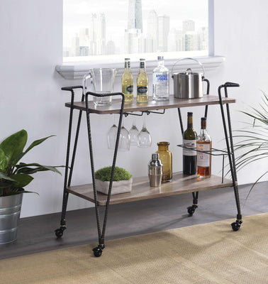 Industrial Style Metal Serving Cart with Wooden Shelves and Wine Rack, Brown and Black