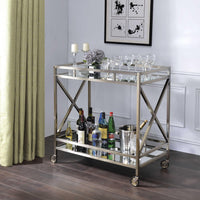 Metal Framed Two Tier Serving Cart with X Shaped Side Panels, Silver and Clear