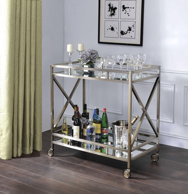 Metal Framed Two Tier Serving Cart with X Shaped Side Panels, Silver and Clear