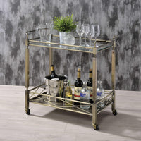 Metal Framed Serving Cart with Glass Top and Open Bottom Shelf, Antique Gold and Clear