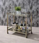Metal Framed Serving Cart with Glass Top and Open Bottom Shelf, Antique Gold and Clear